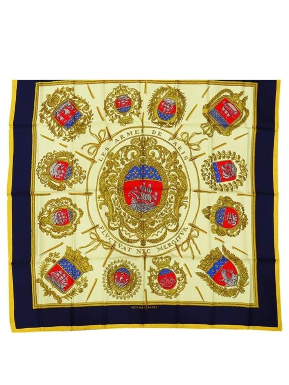 Hermes Carre 90 Beige Navy Silk Les Armes de Paris Crest Scarf